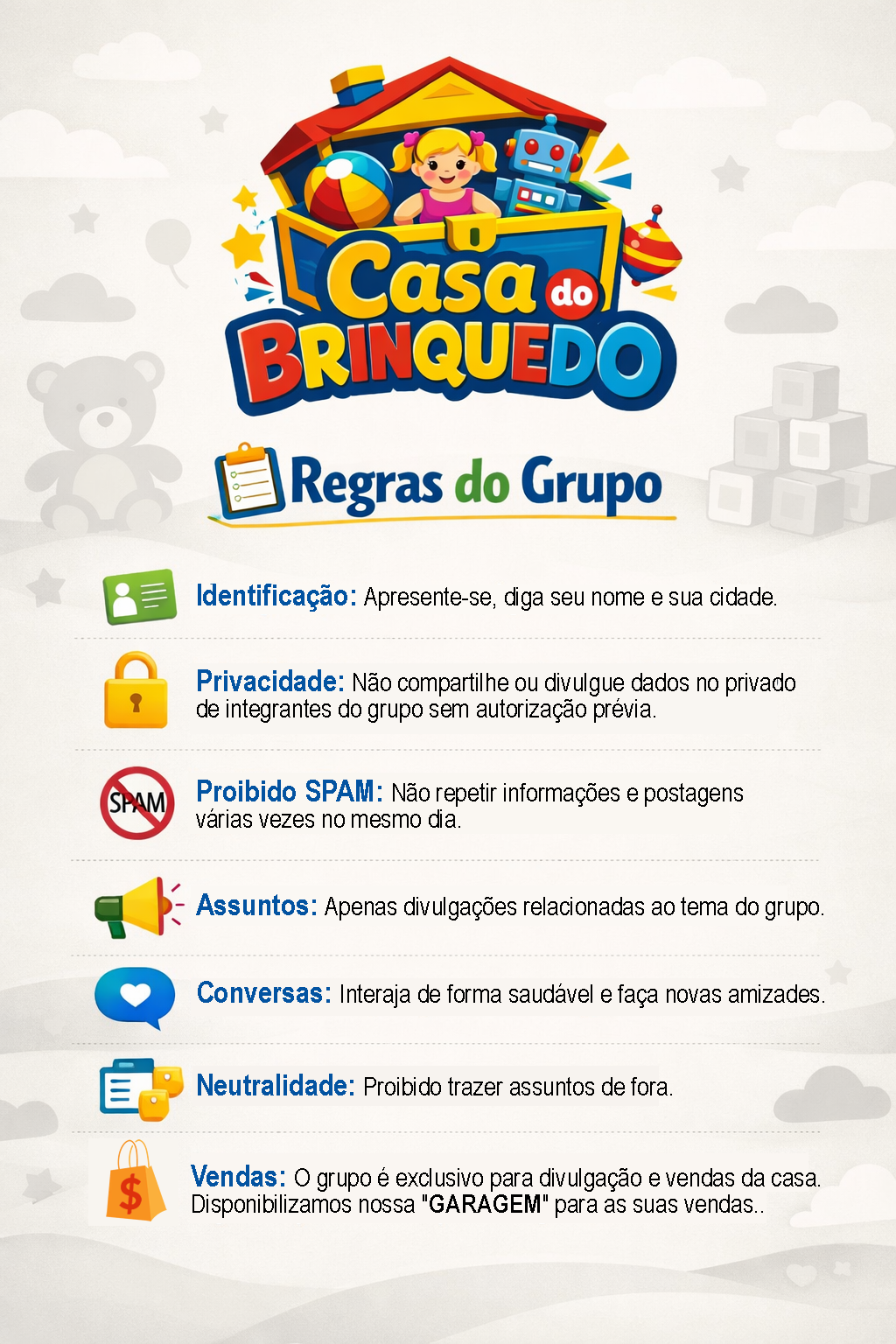 Regras do grupo WhatsApp da Casa do Brinquedo